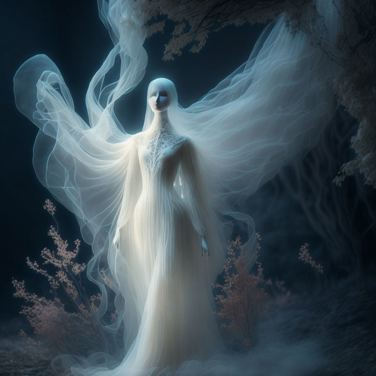 Ethereal figure in bird-like mask in mystical forest