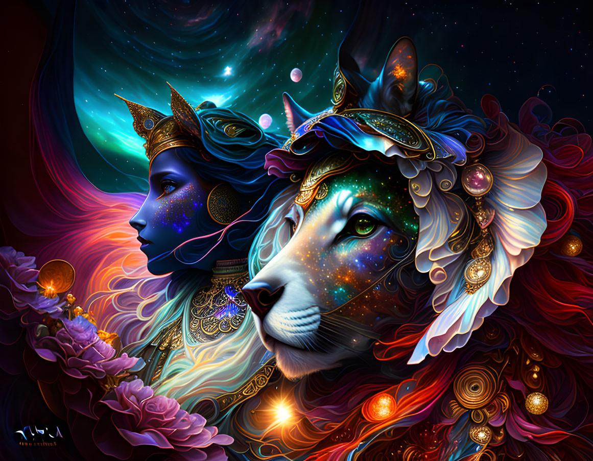 Colorful digital artwork: Woman and lion profile with cosmic, floral elements