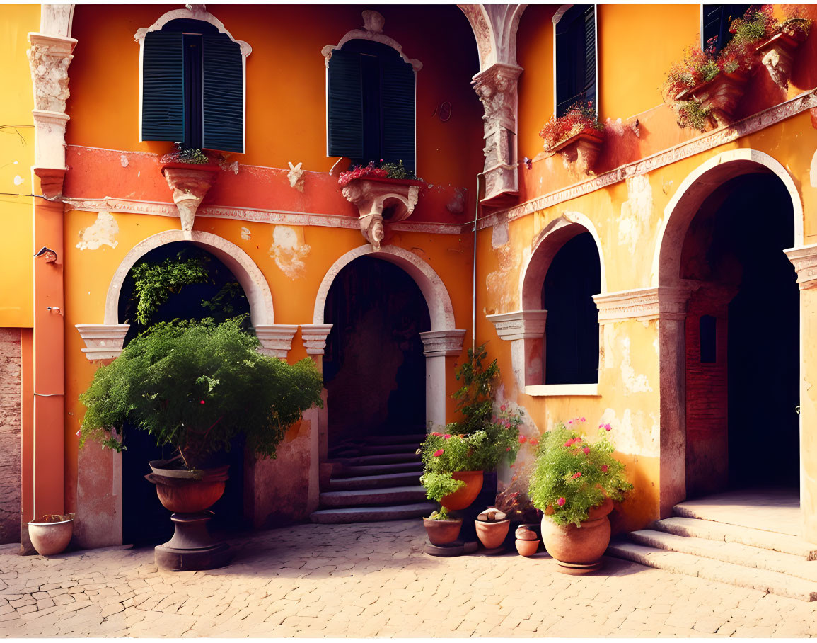 Mediterranean-style courtyard with orange facade, green shutters, archways, and potted