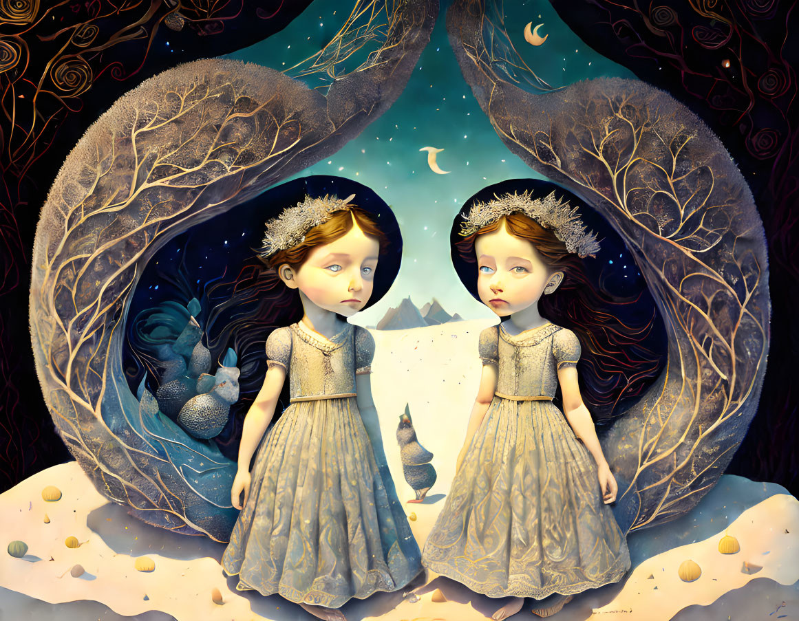 Identical twin girls in matching dresses framed against night sky backdrop