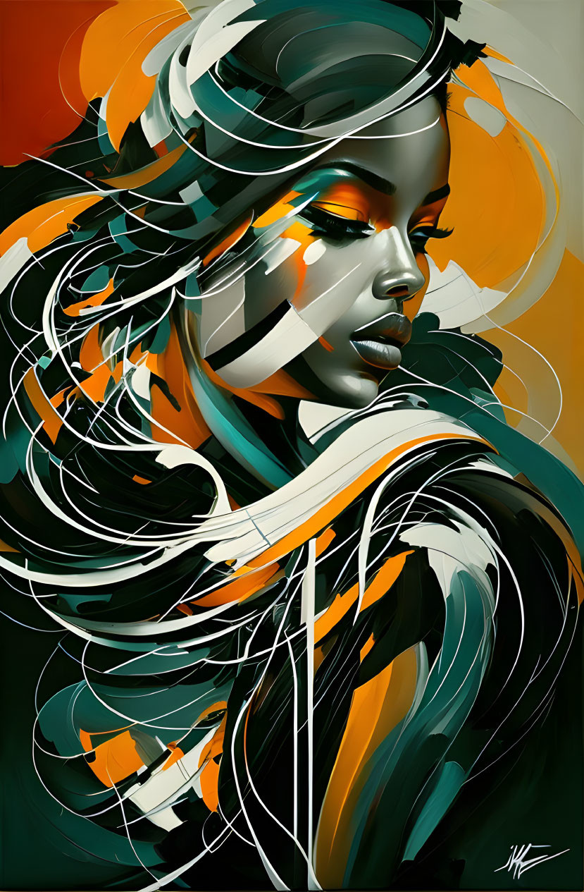 Vibrant abstract portrait: woman with flowing lines, shapes, orange, black, white on green