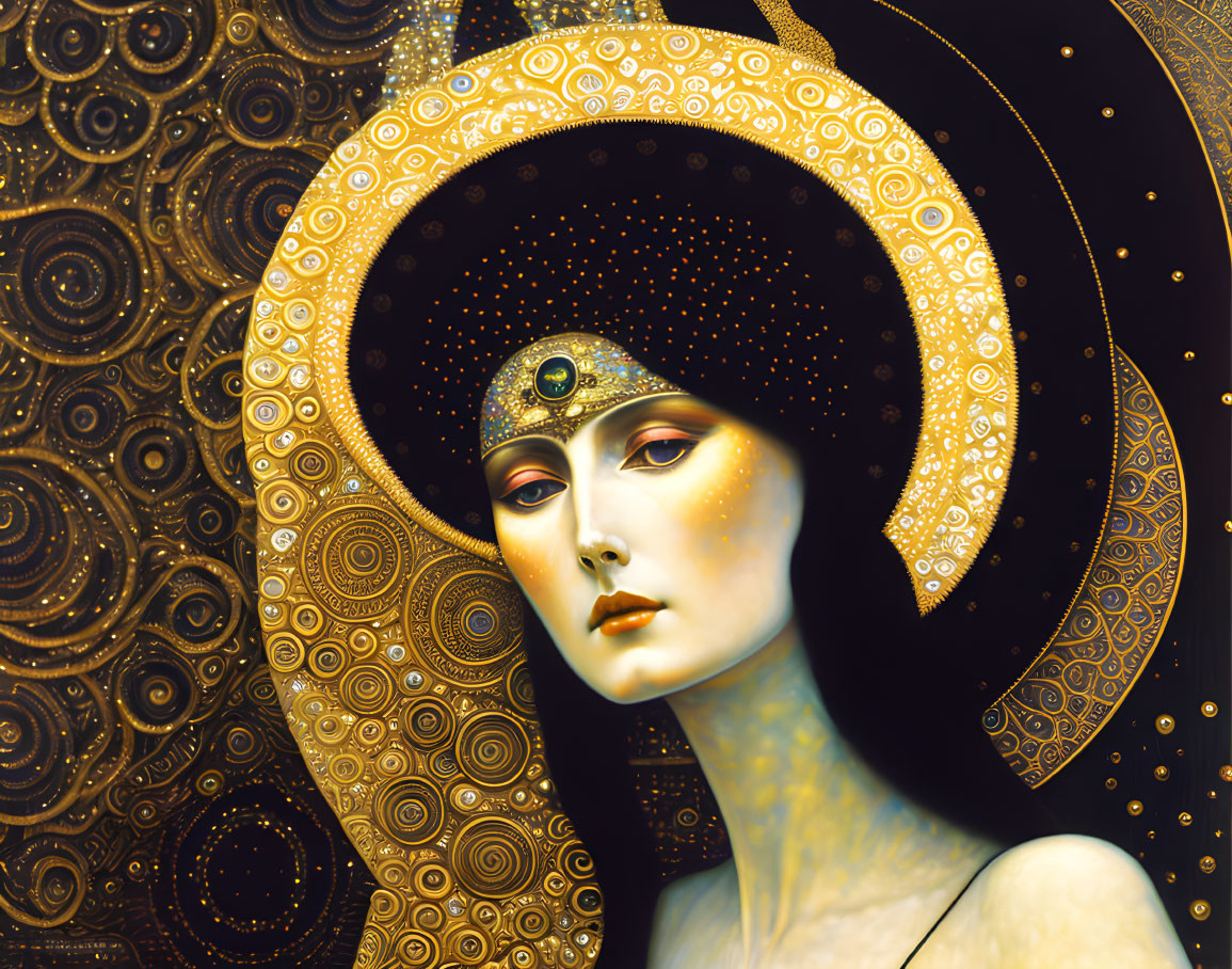 Golden headdress woman surrounded by celestial motifs on dark background