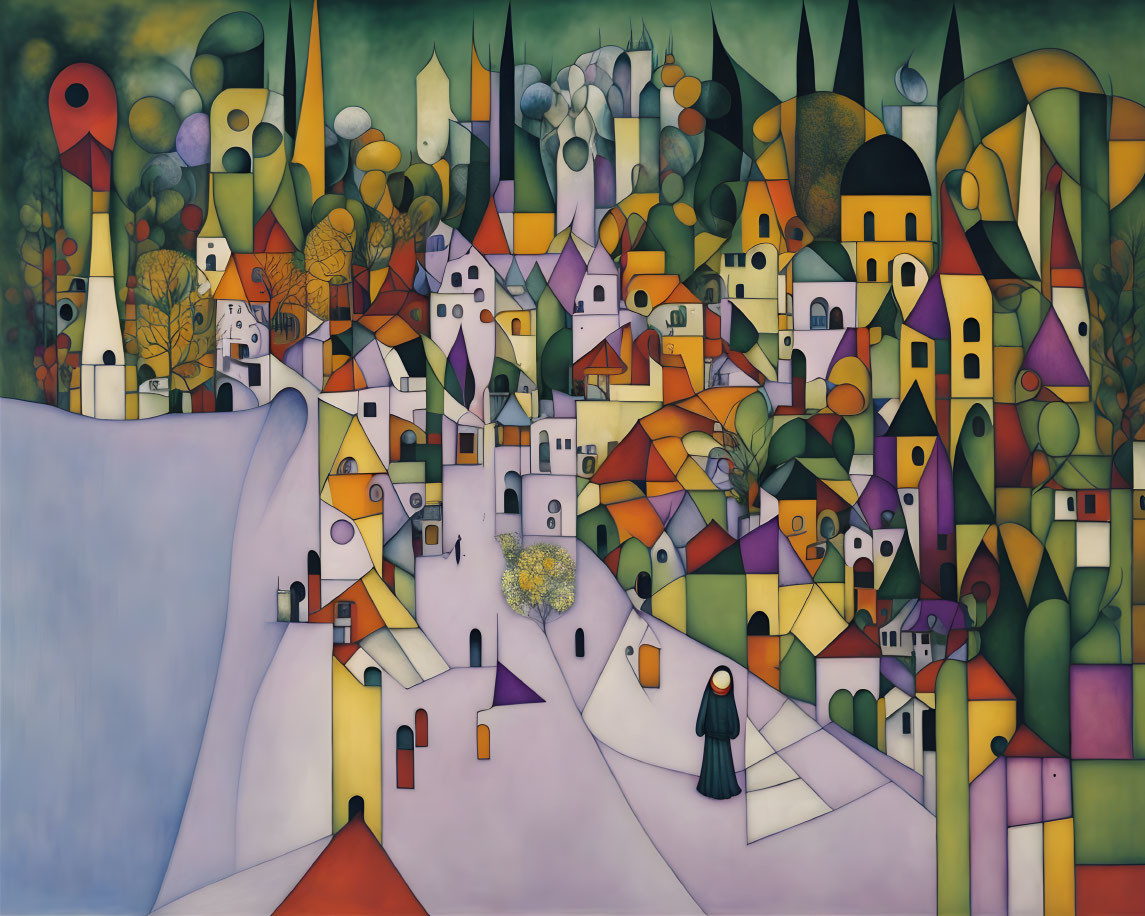 Vibrant abstract painting of whimsical town with geometric shapes