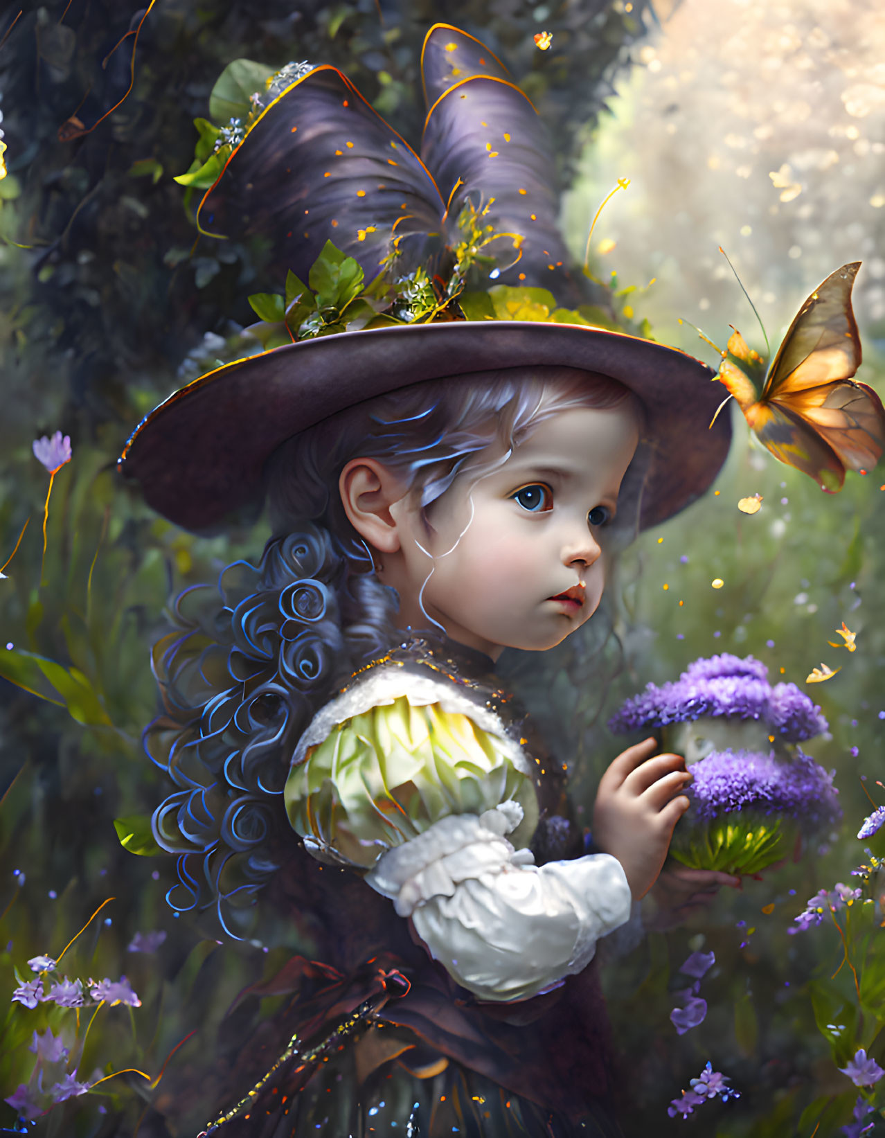 Child with curly blue hair in witch's hat, enchanted forest scene.