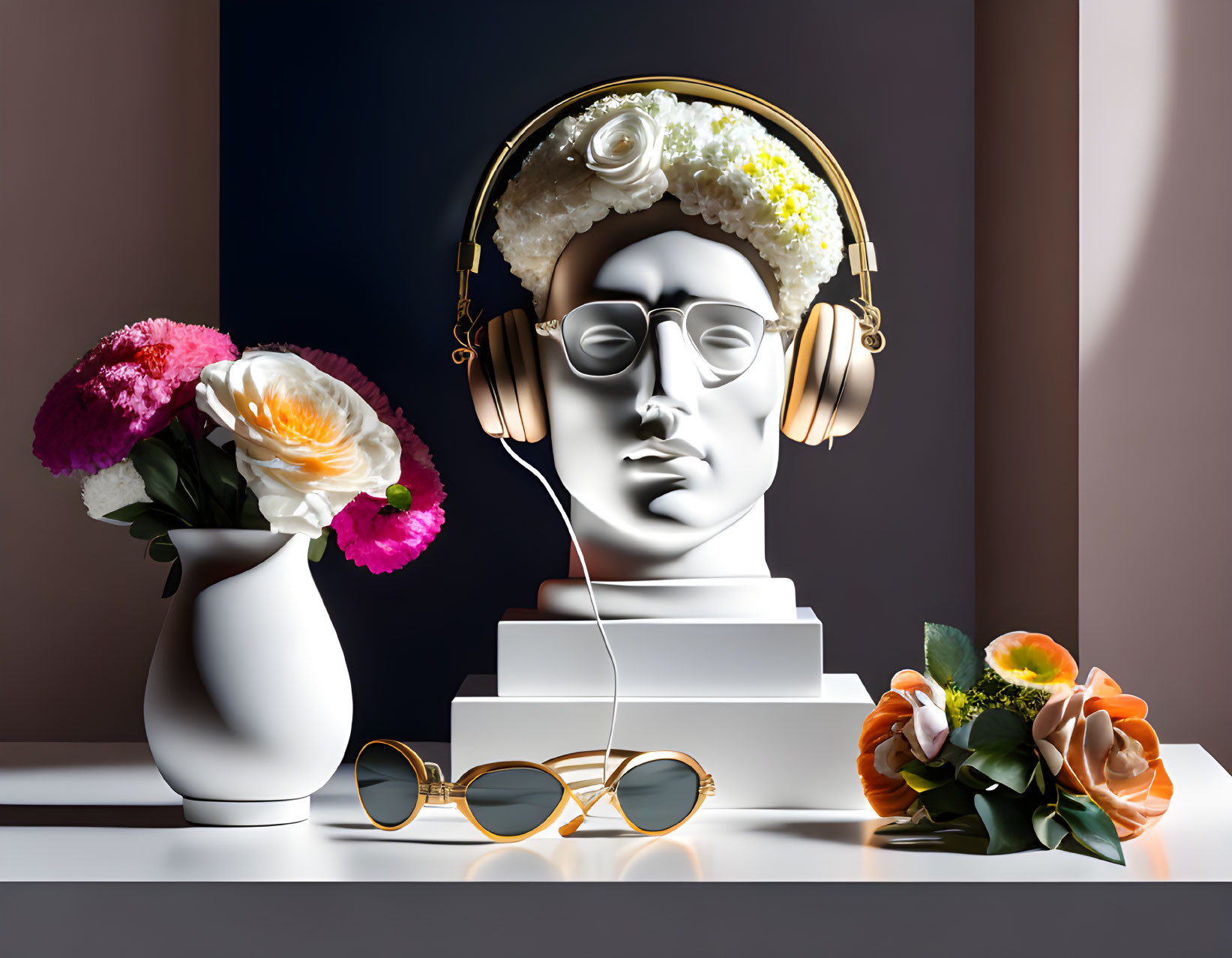 Sculpture with headphones, floral crown, sunglasses, and flowers on desk