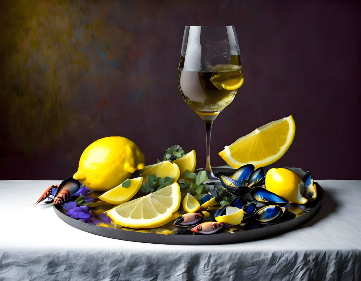 Still Life Composition: Lemons, Herbs, Mussels, and White Wine on Plate