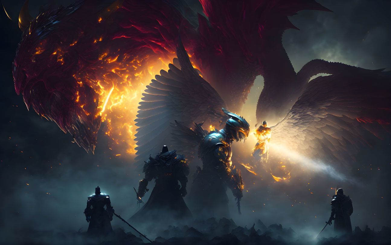 Fiery-winged dragon overlooks armored warriors in dark battlefield