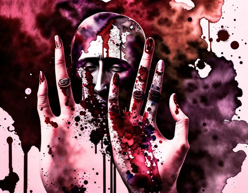 Dark Nail Polish and Rings Hands Against Vivid Backdrop with Mysterious Face Design and Ink Splatters