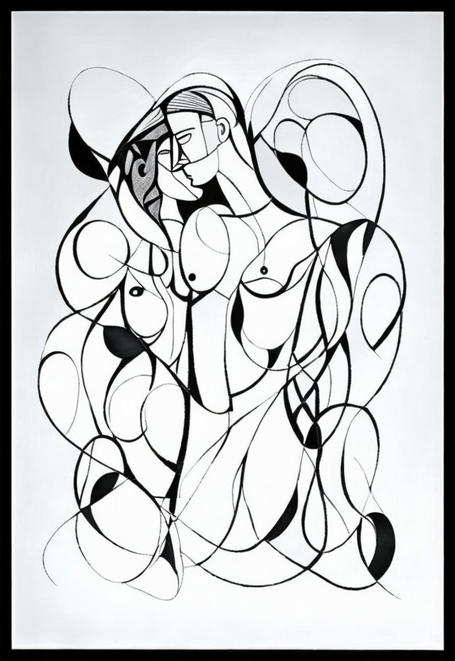 Abstract black and white line art of female figure with flowing lines