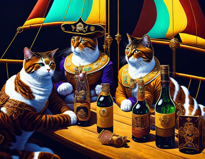 Regal cats in costumes on a ship with colorful sails and vintage bottles.