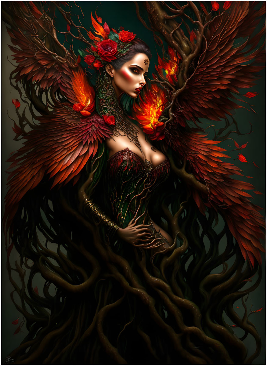 Fantastical woman with fiery bird wings and floral hair in nature scene