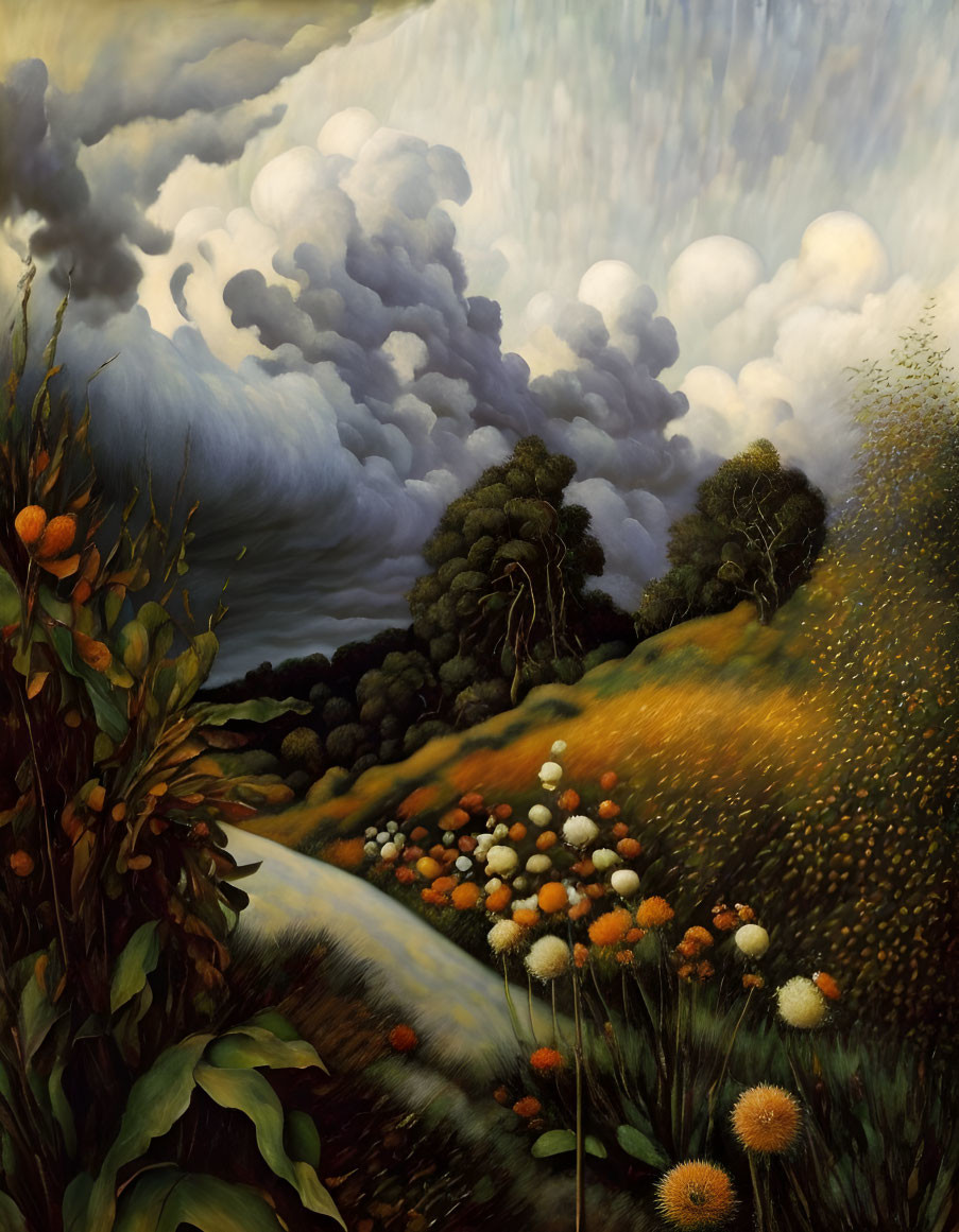 Colorful landscape painting with path, fluffy clouds, and vibrant flora