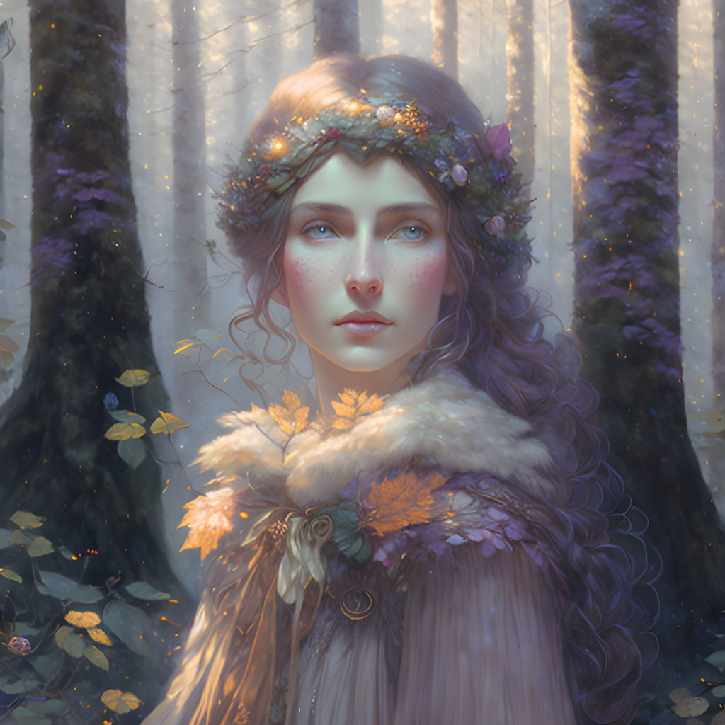 Mystical woman with floral crown in ethereal forest sunlight.