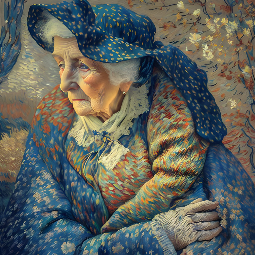 Elderly woman in blue headscarf with floral background