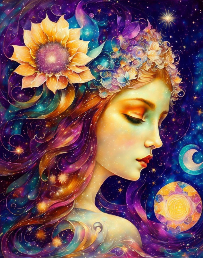 Colorful cosmic illustration of woman with flower hair in galaxy setting