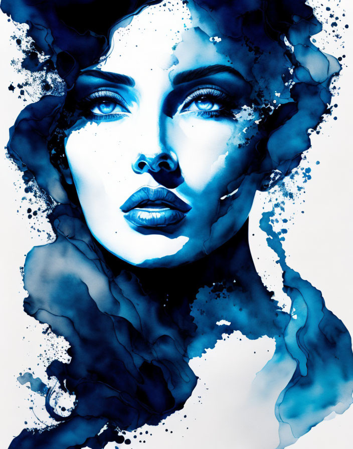 Blue Ink Portrait of Woman with Dominant Gaze and Abstract Swirls