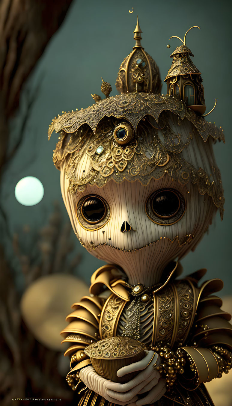 Steampunk character with mechanical owl head holding heart on muted background