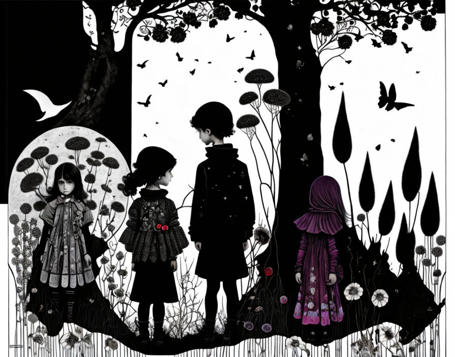 Monochrome whimsical forest with children silhouettes