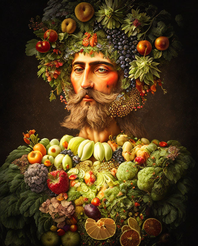 Man with Fruit and Vegetable Headdress on Dark Background