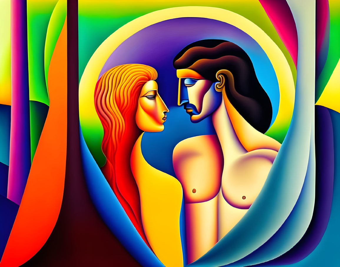 Colorful Abstract Art: Stylized Man and Woman Profiles with Flowing Lines