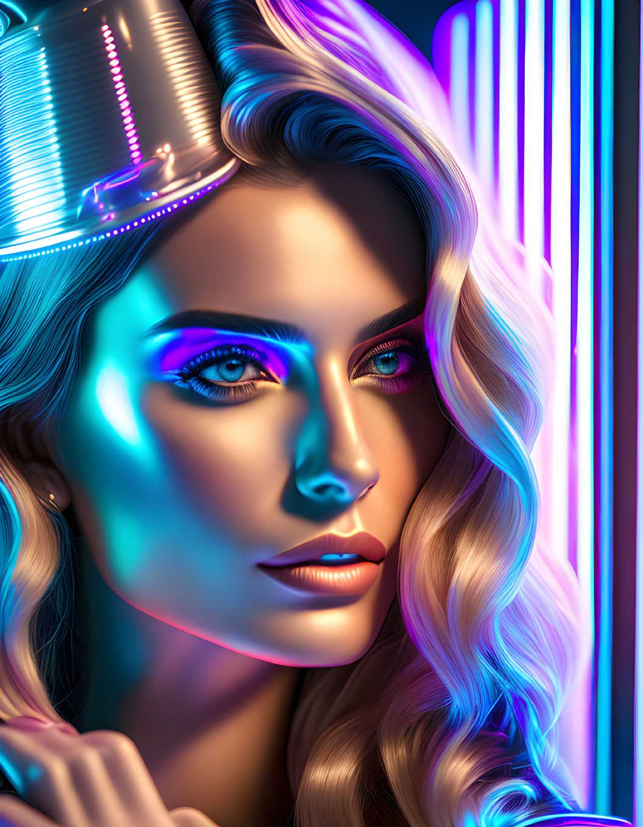 Woman with Neon-Lit Makeup, Curly Hair, and Metallic Hat