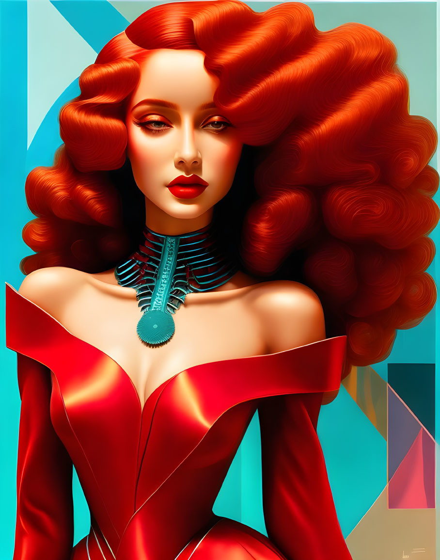 Digital art: Woman with red hair, red lips, red dress, teal choker