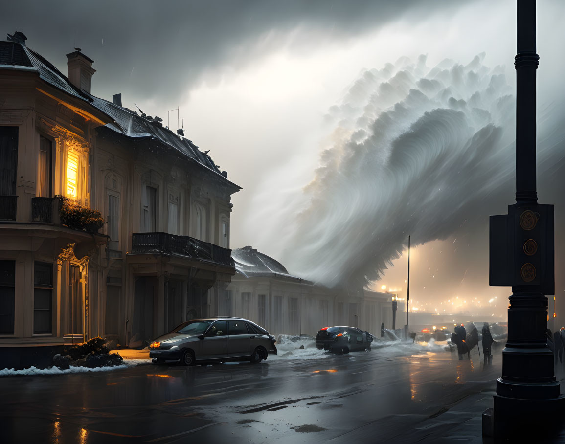 Ominous wave-like cloud over city street with buildings and cars