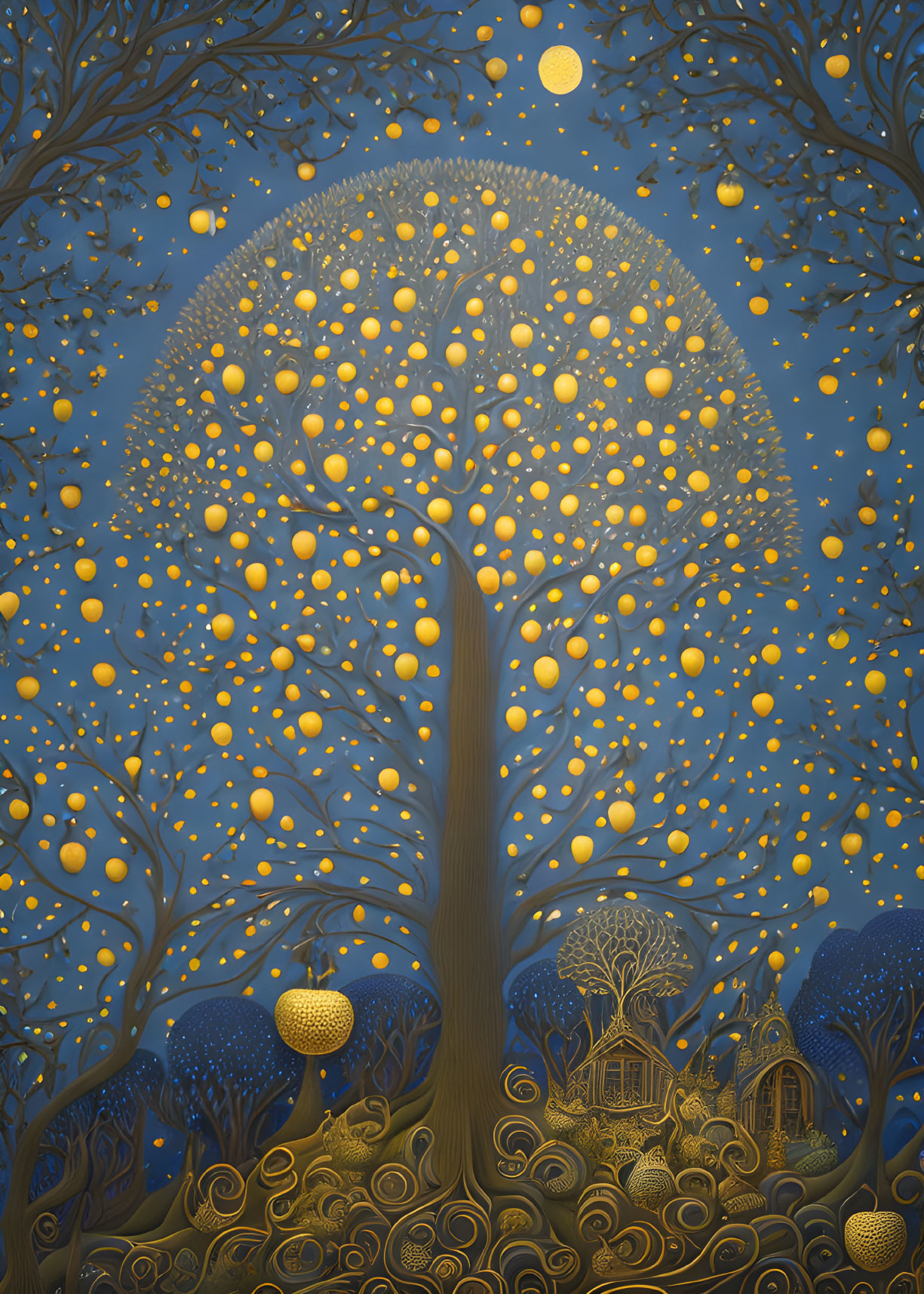 Golden Tree with Spherical Lights on Midnight Blue Background