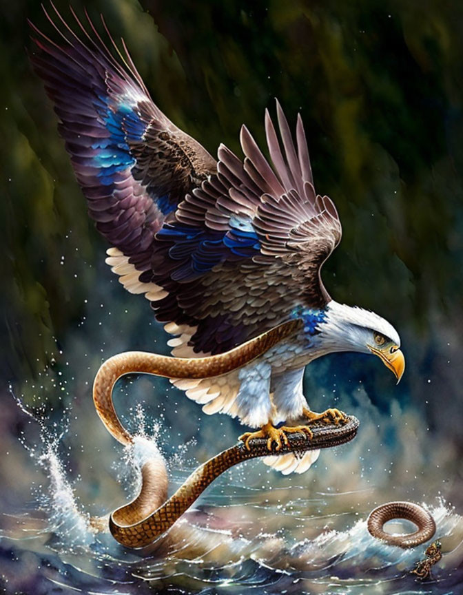 Eagle with outstretched wings holding snake over water in dark setting