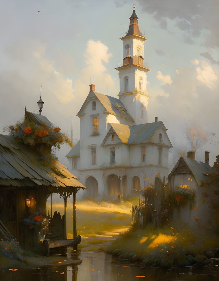 Tranquil digital painting of village with white tower