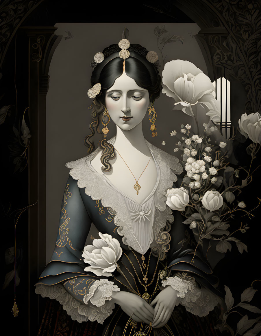 Vintage attired woman with ornate jewelry in gothic setting.