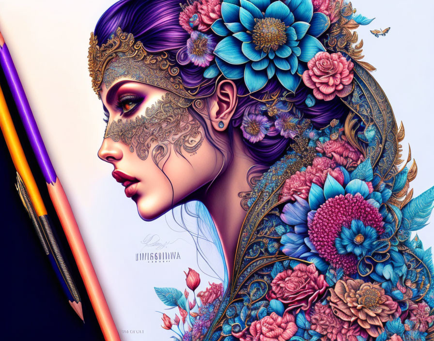 Detailed illustration: Woman with purple hair, floral patterns, lace mask, bee, and colored pencils.