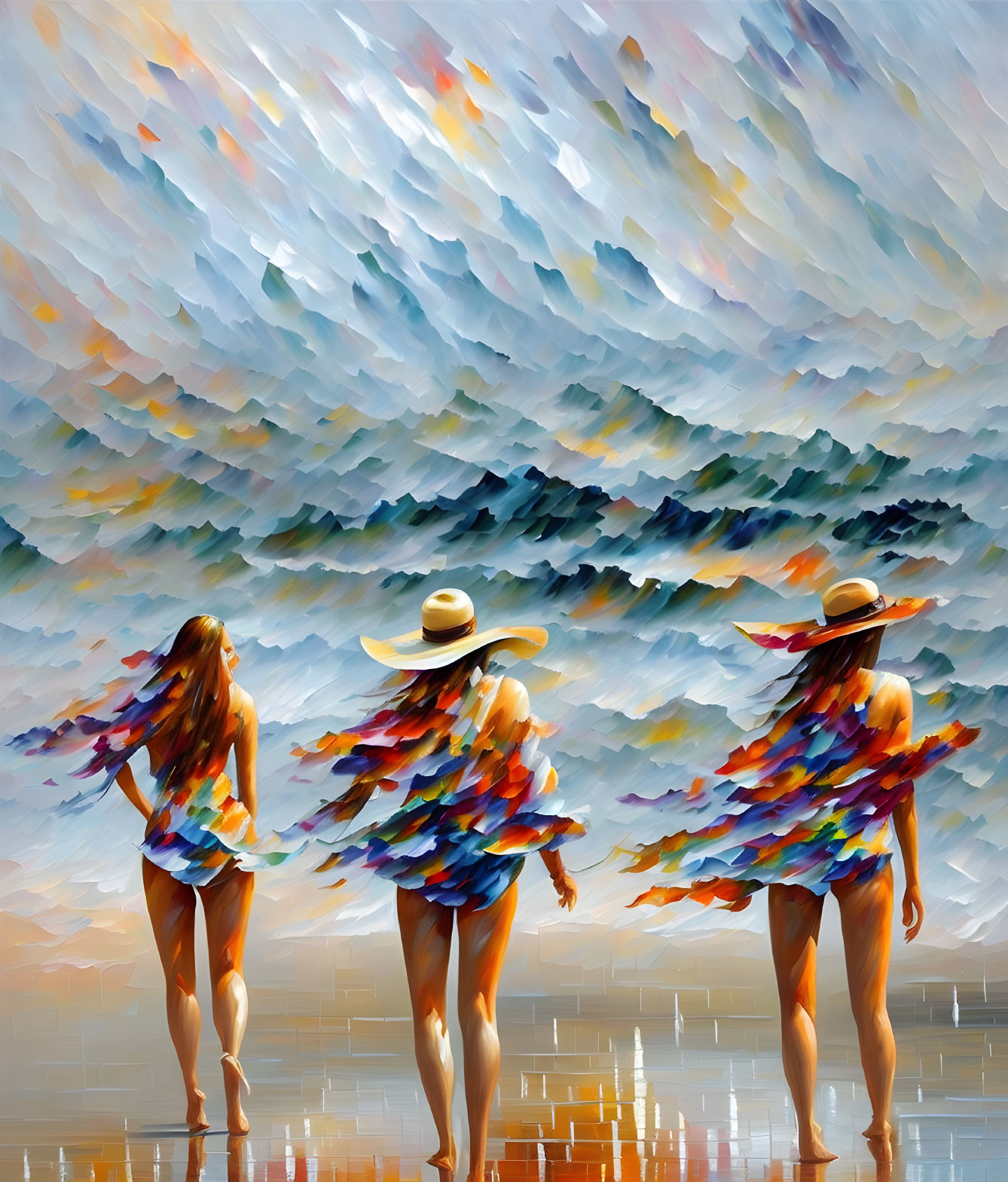 Three women in colorful dresses and wide-brimmed hats on sunny beach in impressionist style