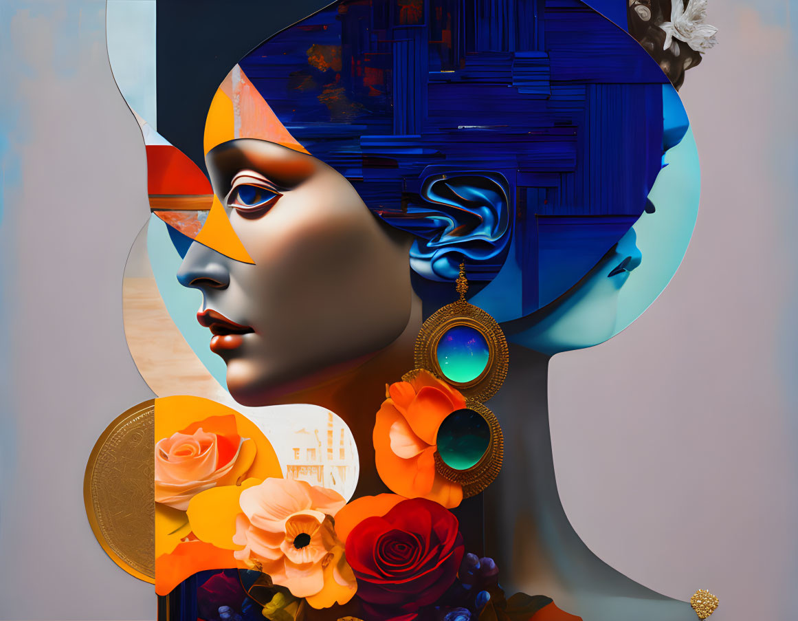 Surreal portrait: female face with architecture, vibrant flowers, abstract shapes