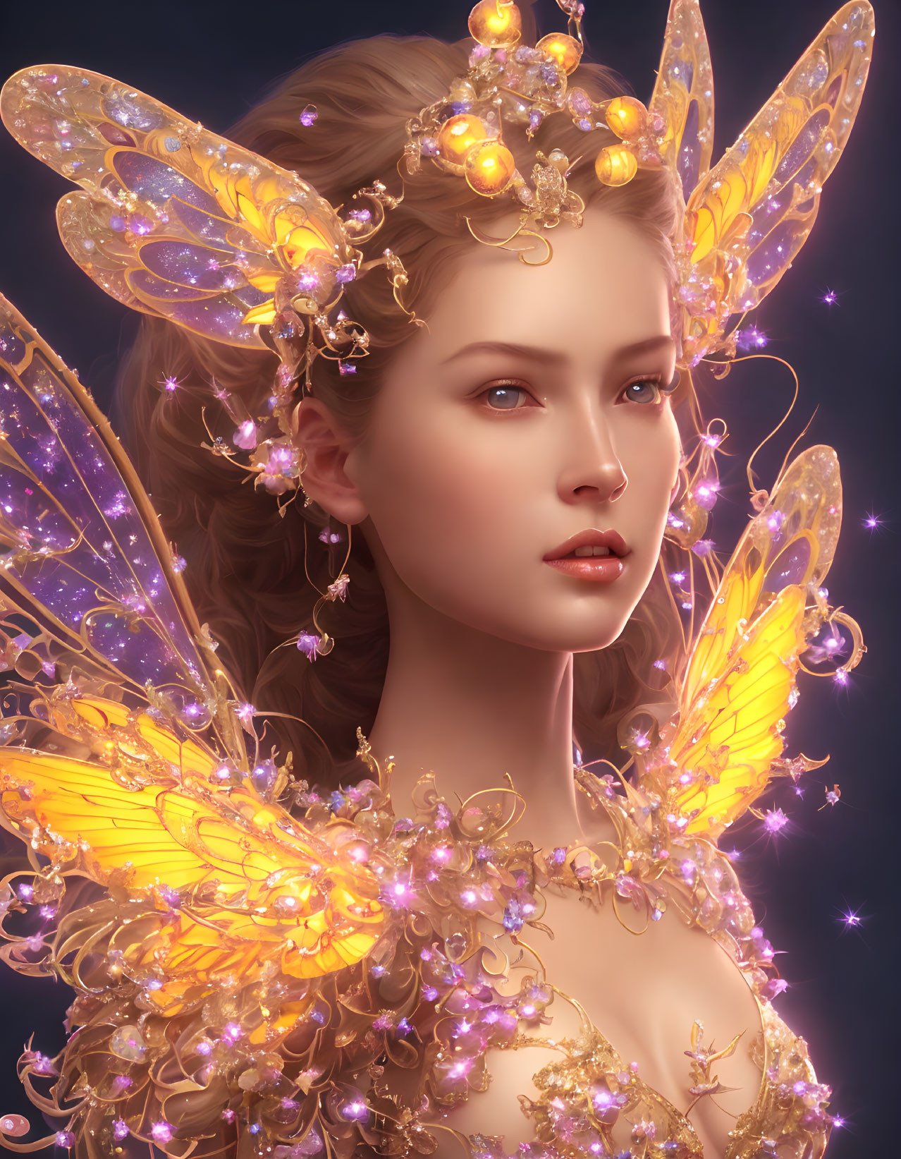 Fantastical fairy portrait with golden wings and floral tiara.