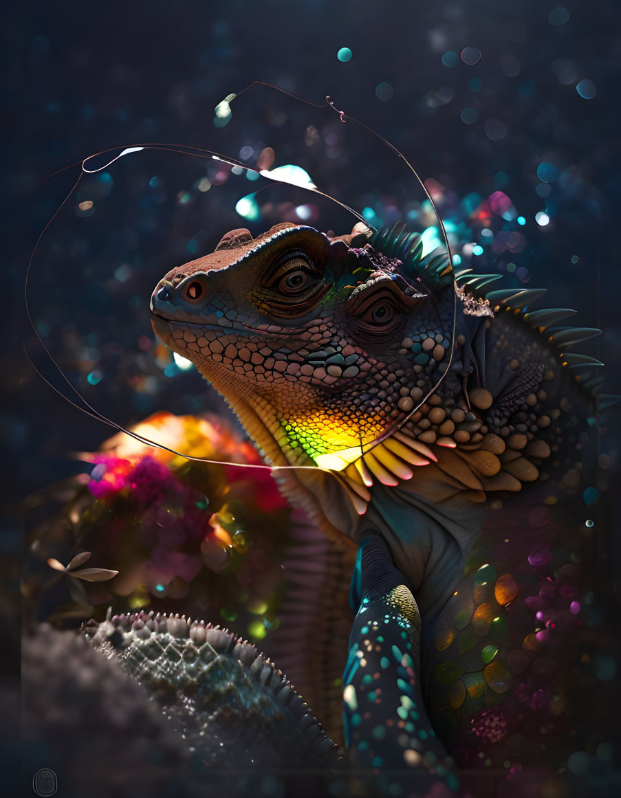 Colorful digital artwork: Detailed iguana scales in magical setting