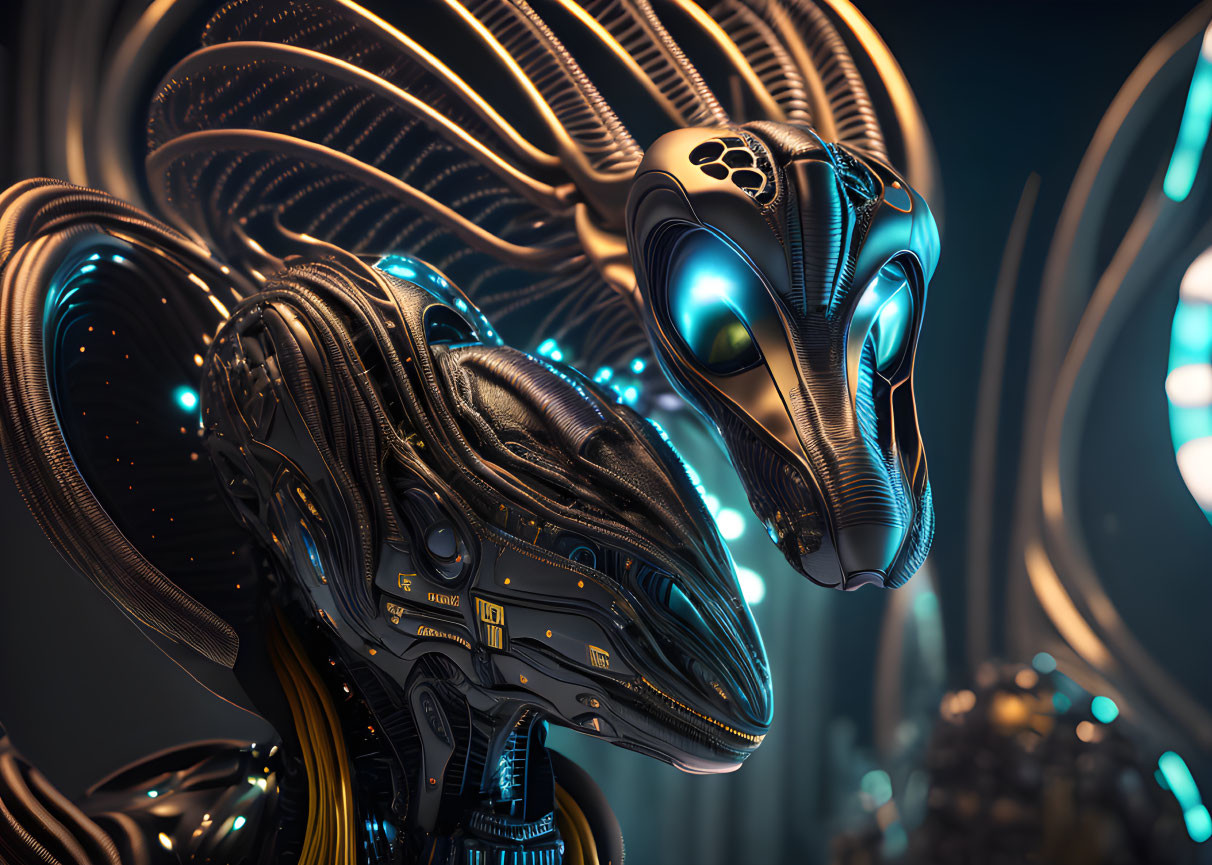 Detailed futuristic robotic creature with glowing blue eyes on neon background