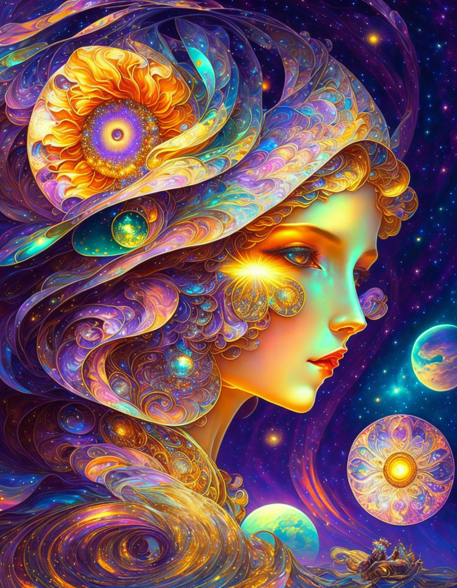 Colorful cosmic-themed portrait of a woman with flowing hair and hat