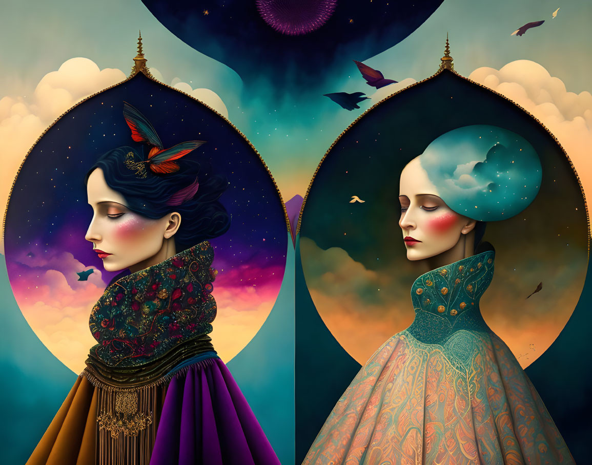 Surreal artwork featuring two women in vintage attire with sky-themed headpieces