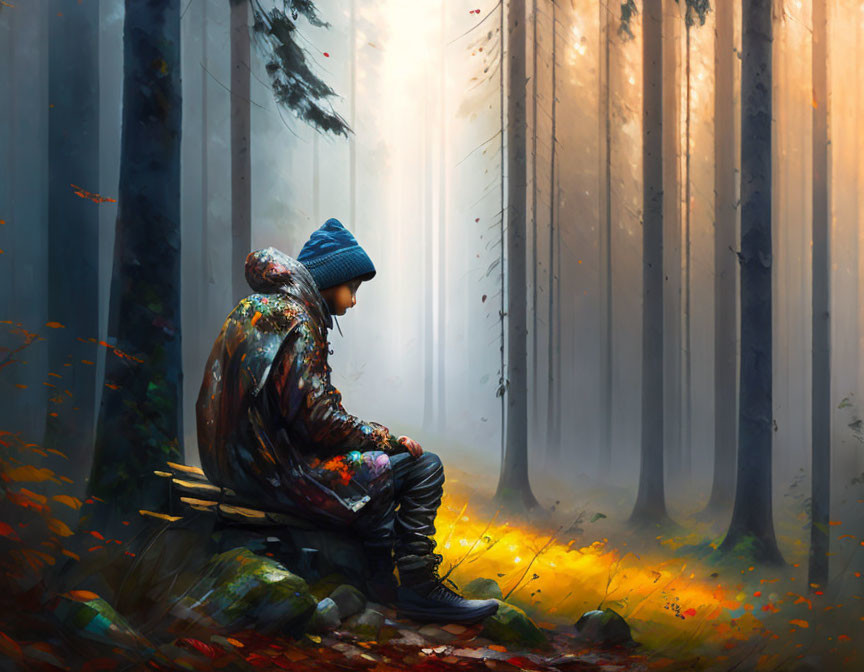 Person in Painted Jacket Contemplating on Sunlit Forest Bench