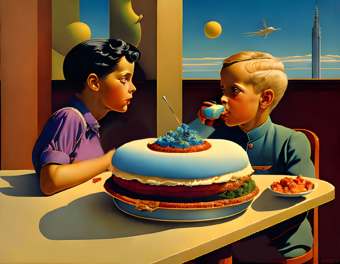 Children staring at each other blowing out candle on hamburger cake