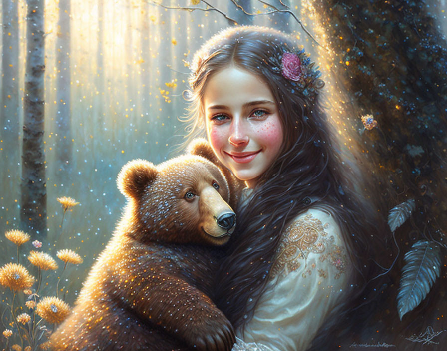 Girl with long hair embracing bear cub in sunlit forest with flowers - serene scene