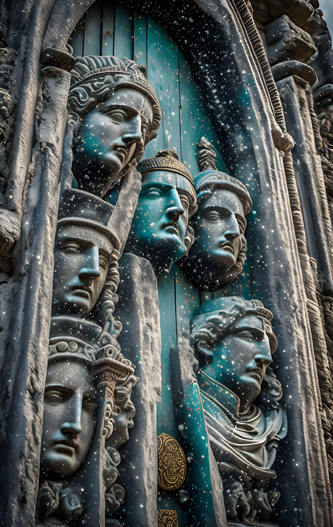 Turquoise Door with Classical Face Relief Sculptures and Falling Snowflakes