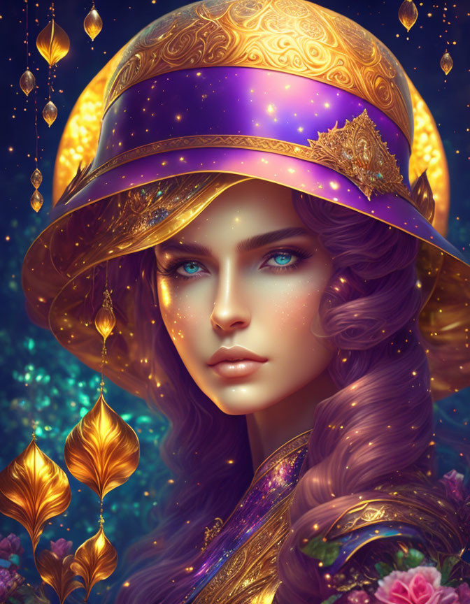 Woman with Deep Blue Eyes and Celestial Hat on Starry Background