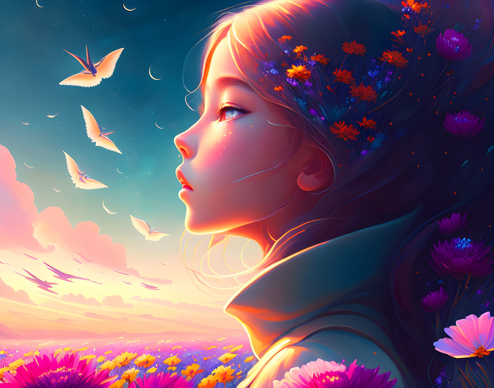 Surreal portrait: girl with floral hair, butterflies, vibrant sunset sky