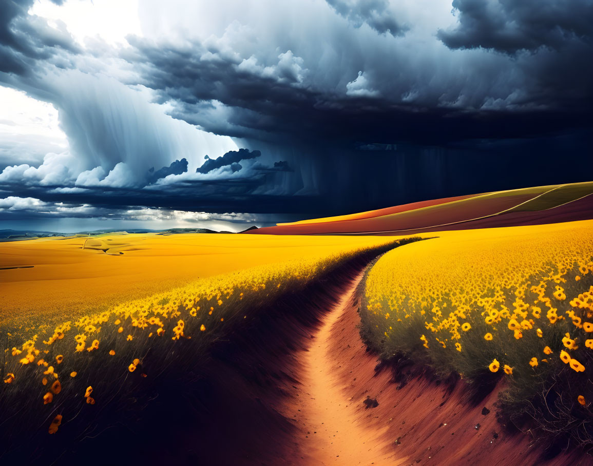 Scenic dirt path through vibrant yellow flower fields