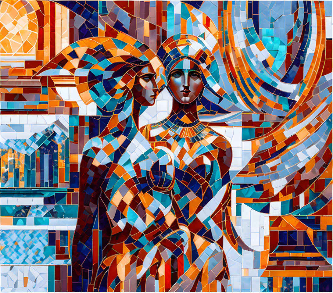 Vibrant mosaic artwork of geometric female figures with elaborate headpieces