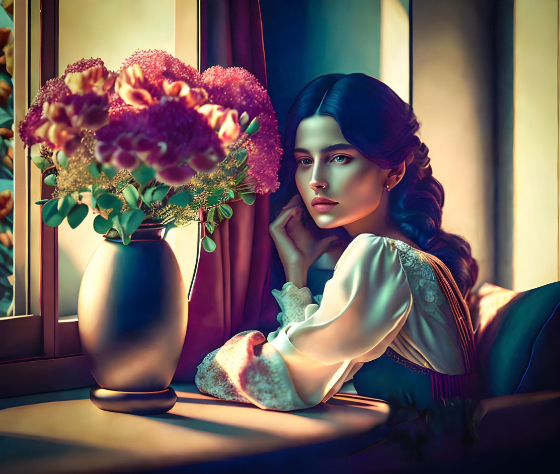 Contemplative woman by window with vibrant flowers and warm light