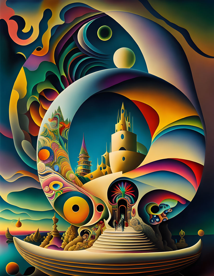 Surreal artwork: swirling patterns, castle, celestial motifs in fantastical landscape