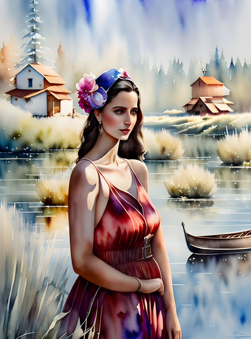 Digital artwork of woman in red dress by serene lake with cabins and pine trees